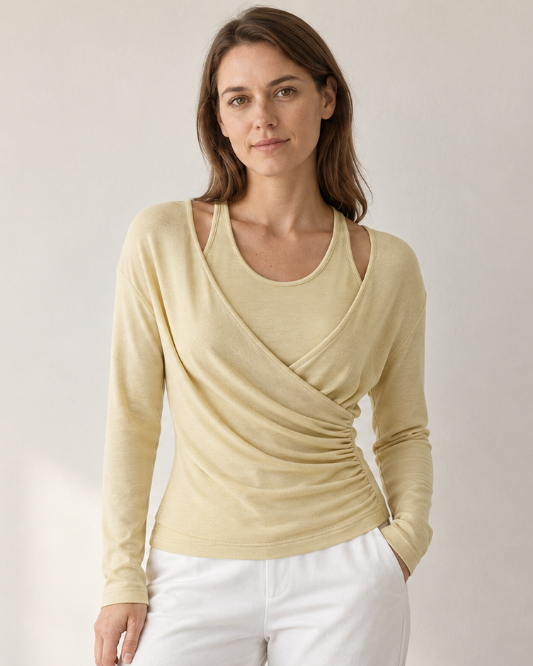 Biscotti Brami Cami & Ruched Top Set with white trousers in soft window light.