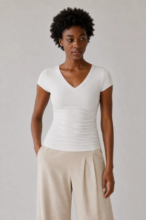 Elevated V-neck Side Ruched Cap Sleeve Bra Tee