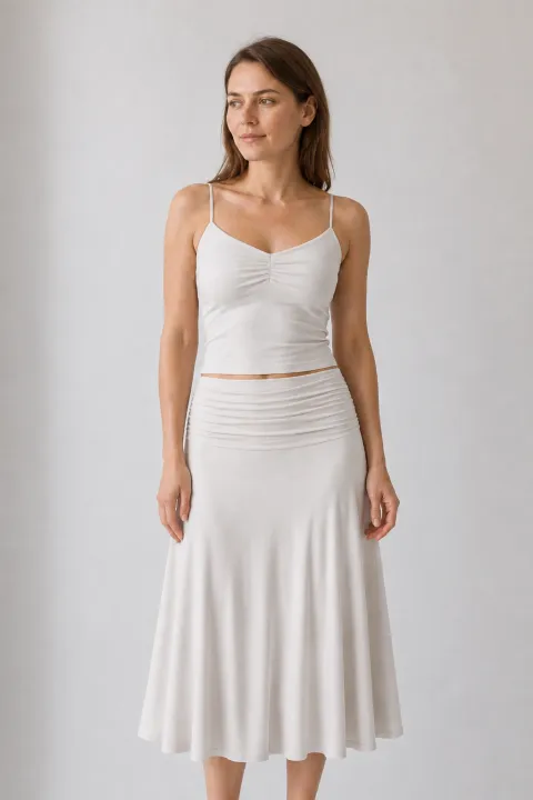 Flowy Side Ruched A-line Midi Skirt