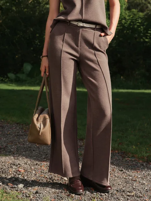 Chocolate Brown straight-leg pants styled for everyday wear.