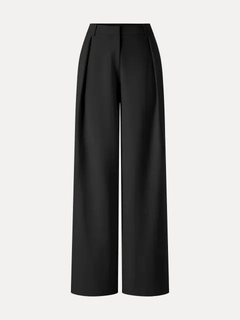 Not-See-Thru High-Rise Wide-Leg Pants with Pockets - Pure Black