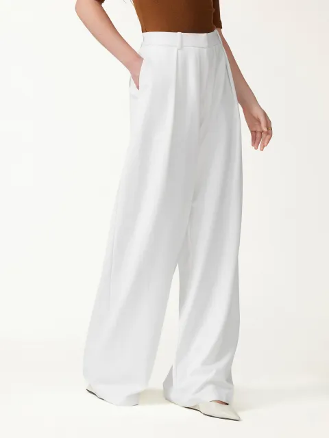 Not-See-Thru High-Rise Wide-Leg Pants with Pockets - White