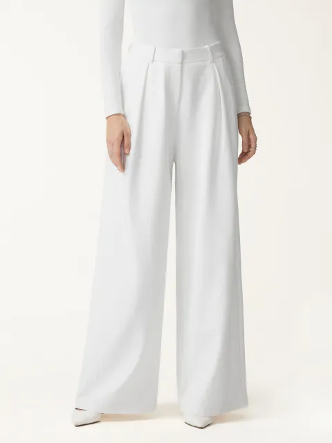 Not-See-Thru High-Rise Wide-Leg Pants with Pockets - White