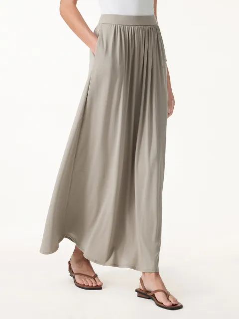 Soft Linen Knit Gathered A-Line Maxi Skirt with Pockets