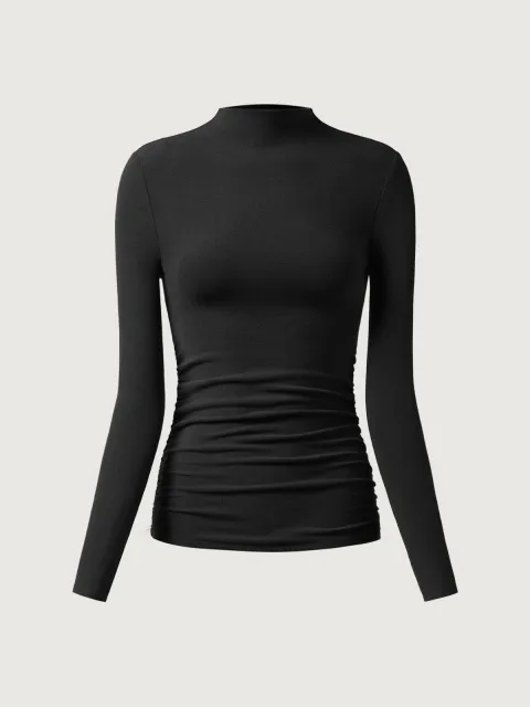 Black thermal ruched mockneck top
