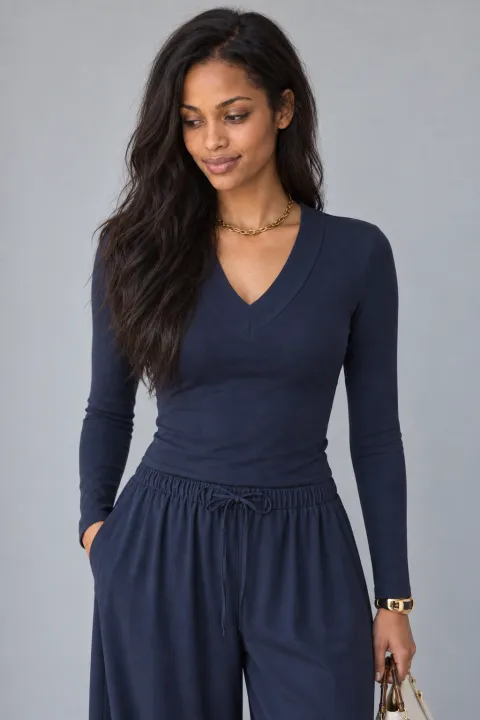 V-Neck Wide-Binding Long-Sleeve Brami Top