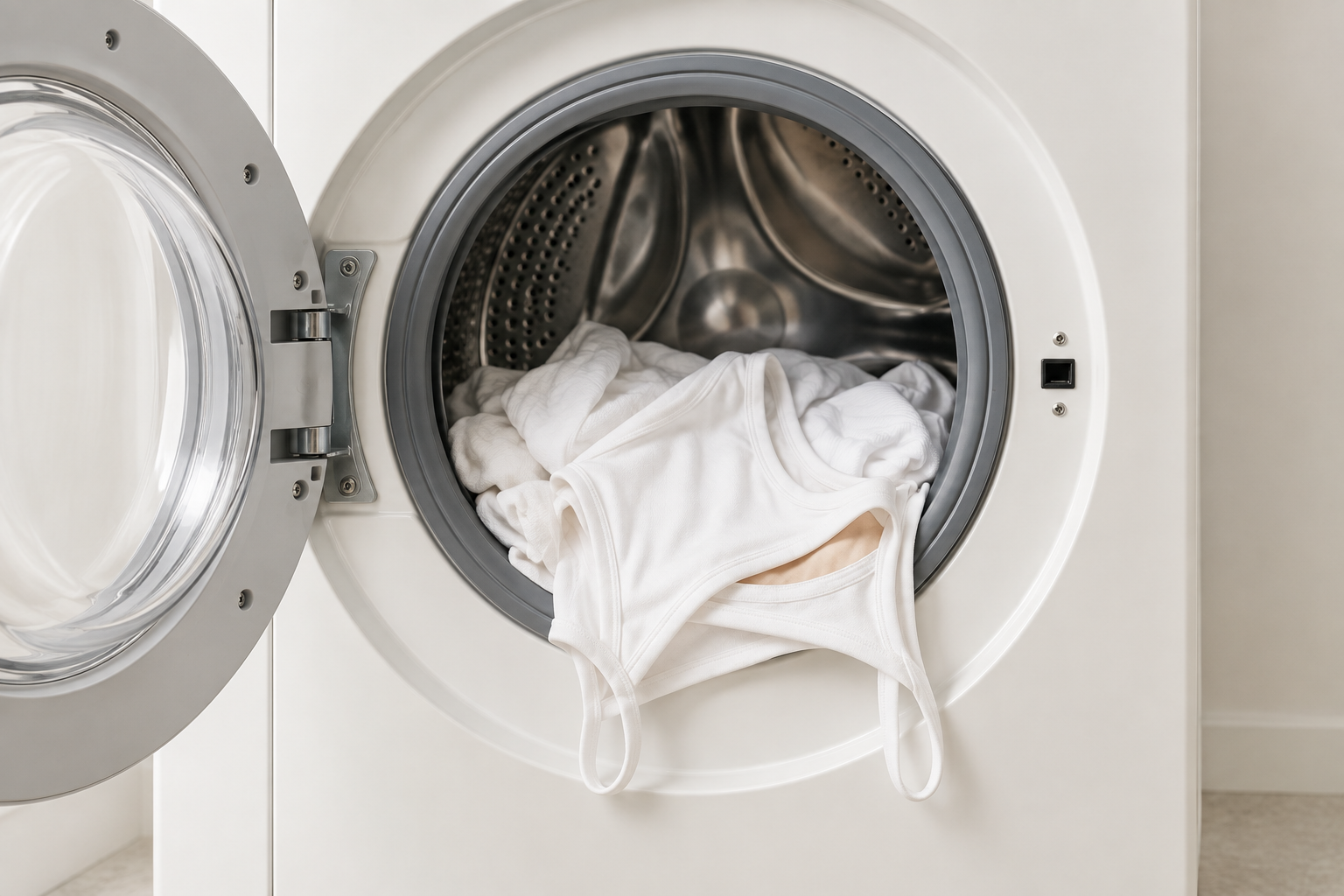 White garments in an open washing machine, illustrating easy everyday care.