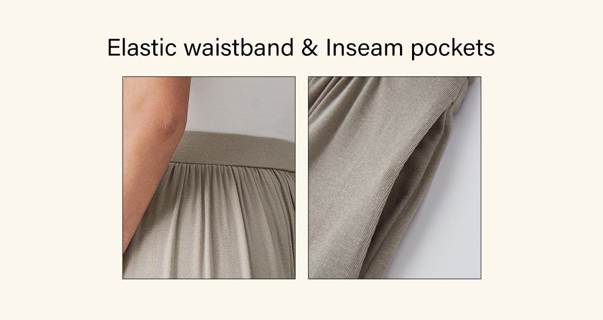 Close-ups of the elastic waistband and inseam pocket.