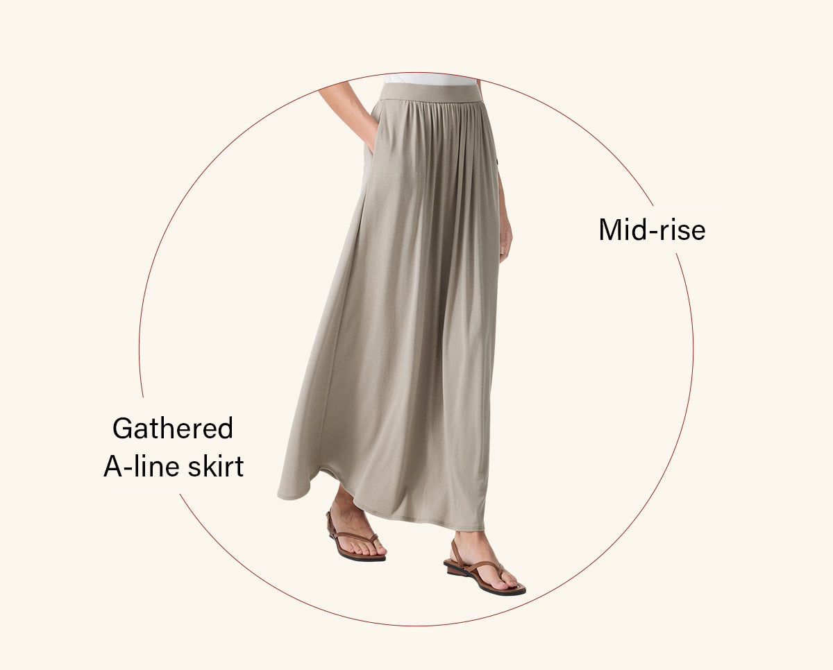Mid-rise gathered A-line maxi skirt silhouette.