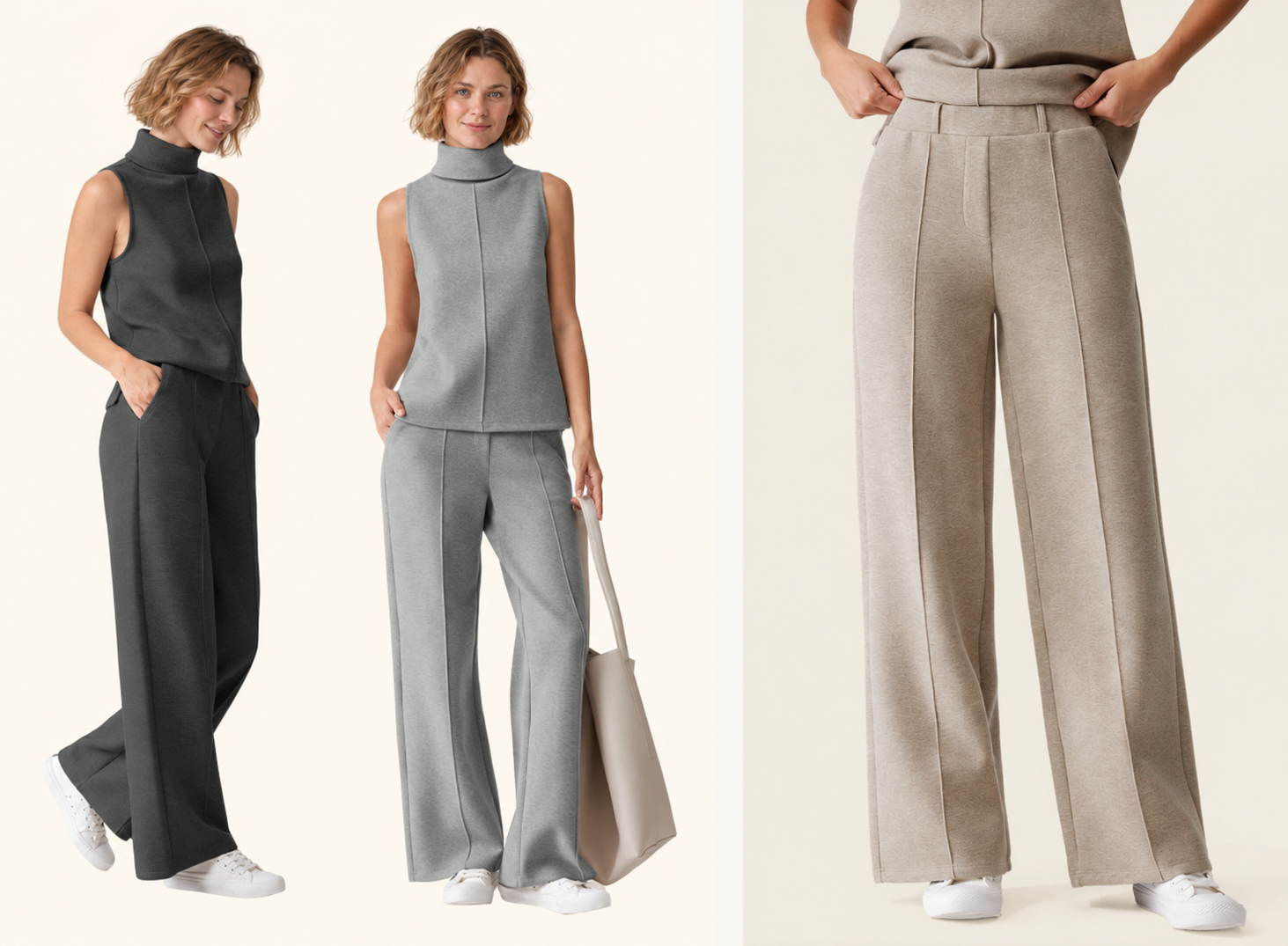 Arelonne model AR-M03 wearing charcoal and light-grey straight-leg pants, with a beige pants detail.